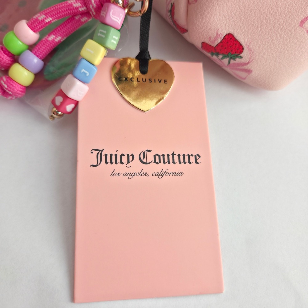 Juicy Couture Wristlet Pouch Womens OS Pink NWT Strawberry Bow Print Makeup Bag - Picture 12 of 16